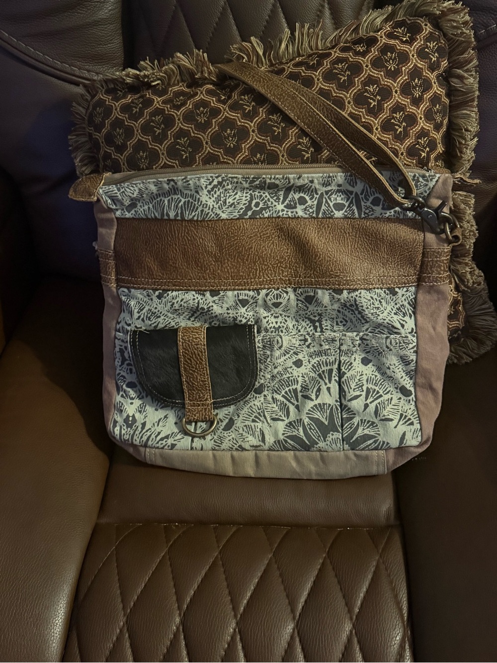 Myra Bag Brown and Gray Patterned Canvas Messenger Bag